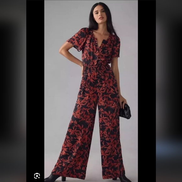 Anthropologie Black Red Floral Wide Leg JumpsuitBoho Chic